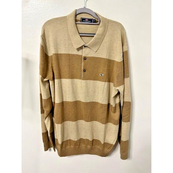 Vineyard Vines Tan Beige Striped Polo Sweater Long Sleeve Wool Blend Men’s XL - Picture 1 of 7